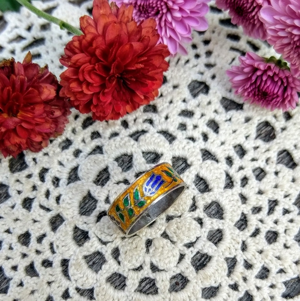 Vintage Siam 925 Sterling Floral Enamel Ring